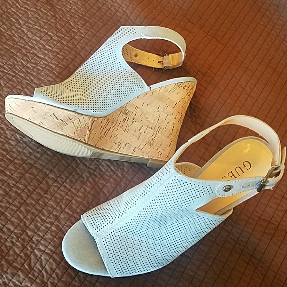 Guess Light Blue Platform Cork Wedge Open Toe NEW sz 9